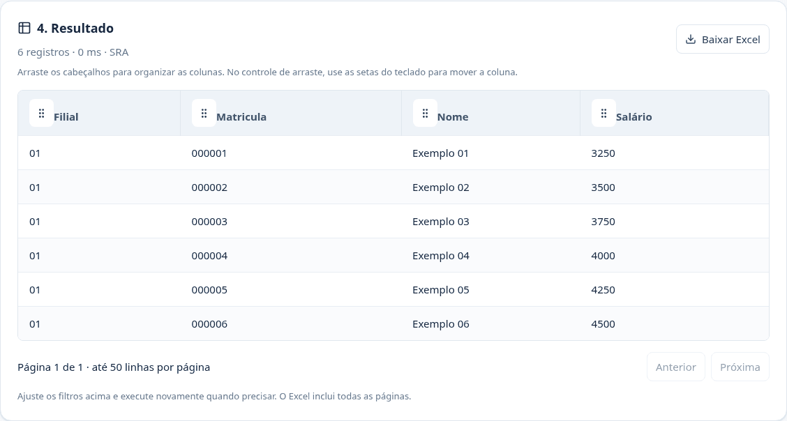 Captura real do resultado no Construtor Hadritech, com filial, matrícula, nome e salário de seis registros ilustrativos e a opção Baixar Excel.
