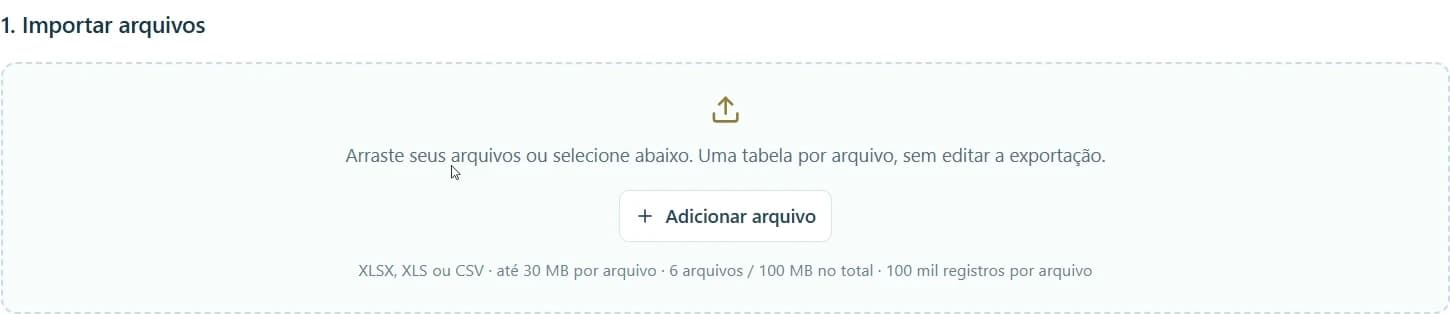 Recorte real da área Importar arquivos, com a opção Adicionar arquivo, sem nomes de arquivos ou identificação de conta.