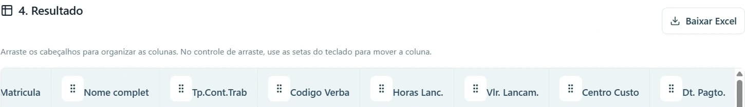 Recorte real do cabeçalho de Resultado, com a opção Baixar Excel e os títulos das colunas. Linhas de dados e indicadores não são exibidos.